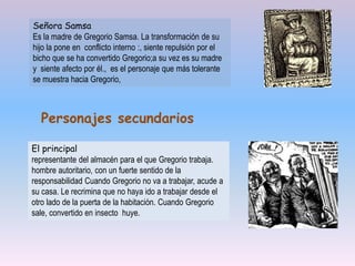 Señora Samsa
Es la madre de Gregorio Samsa. La transformación de su
hijo la pone en conflicto interno :, siente repulsión por el
bicho que se ha convertido Gregorio;a su vez es su madre
y siente afecto por él., es el personaje que más tolerante
se muestra hacia Gregorio,
El principal
representante del almacén para el que Gregorio trabaja.
hombre autoritario, con un fuerte sentido de la
responsabilidad Cuando Gregorio no va a trabajar, acude a
su casa. Le recrimina que no haya ido a trabajar desde el
otro lado de la puerta de la habitación. Cuando Gregorio
sale, convertido en insecto huye.
Personajes secundarios
 