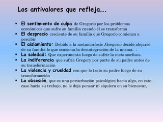  El sentimiento de culpa de Gregorio por los problemas
económicos que sufre su familia cuando él se transforma
 El desprecio creciente de su familia que Gregorio comienza a
percibir
 El aislamiento: Debido a la metamorfosis ,Gregorio decide alejarse
de su familia lo que ocasiona la desintegración de la misma. .
 La soledad: Que experimenta luego de sufrir la metamorfosis.
 La indiferencia que sufría Gregory por parte de su padre antes de
su transformación
 La violencia y crueldad con que lo trato su padre luego de su
transformación
 La obsesión, que es una perturbación psicológica hacia algo, en este
caso hacia su trabajo, no le deja pensar ni siquiera en su bienestar,
Los antivalores que refleja….
 