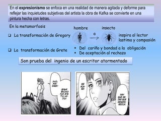 En el expresionismo se enfoca en una realidad de manera agitada y deforme para
reflejar las inquietudes subjetivas del artista la obra de Kafka se convierte en una
pintura hecha con letras.
inspira al lector
lastima y compasión
Son prueba del ingenio de un escritor atormentado
 La transformación de Grete
 La transformación de Gregory
 Del cariño y bondad a la obligación
 De aceptación al rechazo
a
insecto
hombre
En la metamorfosis
 