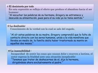 4-El desinterés por todo
En esta expresión se refleja el efecto que produce el abandono hacia el ser
humano:
“Al escuchar las palabras de su hermana, Gregory se estremece y
descuida su alimentación, pues para el su vida ya no tenia sentido.”
5-La desilusión:
Conocimiento de la verdad con la cual se sale del engaño.
“Al oír estas palabras de su madre, Gregory comprendió que la falta de
contacto directo con los seres humanos, unido a la vida monótona que
llevaba en medio de, la familia debía haber trastornado su mente en
aquellos dos meses.”
6-La insensibilidad :
Incapacidad de sentir las cosas que causan dolor o mueven a lastima, el
autor expresa la frialdad ante una situación inexplicable:
“Tenemos que tratar de deshacernos de el, dijo la hermana,
dirigiéndose ahora exclusivamente al padre.”
 