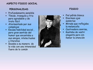 PERSONALIDAD
 Profundamente sensible
 Tímido ,tranquilo y frio
pero agradable y de
trato fácil
 Atormentado por sus
complejos
 Escasa habilidad social ,
pero gran sentido del
humor que encantaba a
sus amigos, intelectuales
y literatos
 Gozaba a su manera de
la vida con una intensidad
fuera de lo común
ASPECTO FISICO SOCIAL
 Piel pálida blanca
 Enormes ojos
sombríos
 Mirada que reflejaba
la melancolía
 Cautivadora sonrisa,
 Gustaba de vestir
elegante pero sin
llamar la atención
FISICO
 