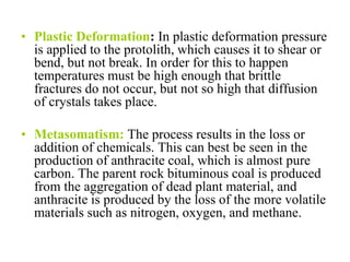 Pressure and Stress
Lithostatic Pressure- pressure increases
with depth due to the weight of the
overlying rocks.
-equal in all directions: uniform stress
-a cubic foot of granite weighs 167.9
pounds.
 