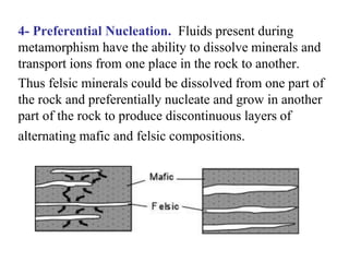 • Quartzites: Quartz arenites and chert both are
composed mostly of SiO2. Since quartz is stable over
a wide range of pressures and temperatures,
metamorphism of quartz arenites and cherts will
result only in the recrystallization of quartz forming a
hard rock with interlocking crystals of quartz. Such
a rock is called a quartzite.
• Serpentinites: Serpentinites are rocks that consist
mostly of serpentine. These form by hydrothermal
metamorphism of ultrabasic igneous rocks.
• Soapstones: Soapstones are rocks that contain an
abundance of talc, which gives the rock a greasy feel,
similar to that of soap. Talc is an Mg-rich mineral,
and thus soapstones from ultrabasic igneous
protoliths, like peridotites, dunites, and pyroxenites,
usually by hydrothermal alteration.
 