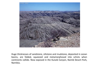 Huge thicknesses of sandstone, siltstone and mudstone, deposited in ocean
basins, are folded, squeezed and metamorphosed into schists when
continents collide. Now exposed in the Kuiseb Canyon, Namib Desert Park,
Namibia.
 