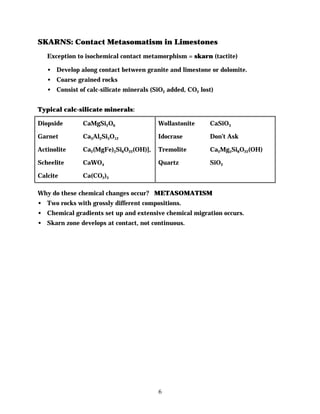 SKARNS: Contact Metasomatism in Limestones
   Exception to isochemical contact metamorphism = skarn (tactite)

   • Develop along contact between granite and limestone or dolomite.
   • Coarse grained rocks
   • Consist of calc-silicate minerals (SiO2 added, CO2 lost)


Typical calc-silicate minerals:

Diopside       CaMgSi2O6                 Wollastonite      CaSiO3

Garnet         Ca3Al2Si3O12              Idocrase          Don’t Ask

Actinolite     Ca2(MgFe)5Si8O22(OH)],    Tremolite         Ca2Mg5Si8O22(OH)

Scheelite      CaWO4                     Quartz            SiO2

Calcite        Ca(CO2)3

Why do these chemical changes occur? METASOMATISM
• Two rocks with grossly different compositions.
• Chemical gradients set up and extensive chemical migration occurs.
• Skarn zone develops at contact, not continuous.




                                         6
 