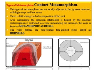 Types of Metamorphism Contact Metamorphism-
 This type of metamorphism occurs locally adjacent to the igneous intrusion;
with high temp. and low stress
 There is little change in bulk composition of the rock
 Area surrounding the intrusion (Batholith) is heated by the magma;
metamorphism is restricted to a zone surrounding the intrusion, this zone is
know as METAMORPHIC AUREOLE.
 The rocks formed are non-foliated fine-grained rocks called as
HORNFELS.
 