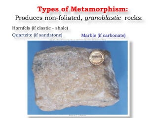 Types of Metamorphism:
Produces non-foliated, granoblastic rocks:
Hornfels (if clastic - shale)
Quartzite (if sandstone) Marble (if carbonate)
 