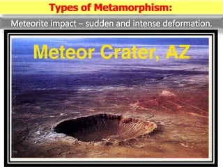 Types of Metamorphism:
Meteorite impact – sudden and intense deformation.
 