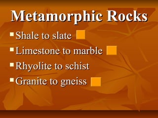 Metamorphic RocksMetamorphic Rocks
 Shale to slateShale to slate
 Limestone to marbleLimestone to marble
 Rhyolite to schistRhyolite to schist
 Granite to gneissGranite to gneiss
 