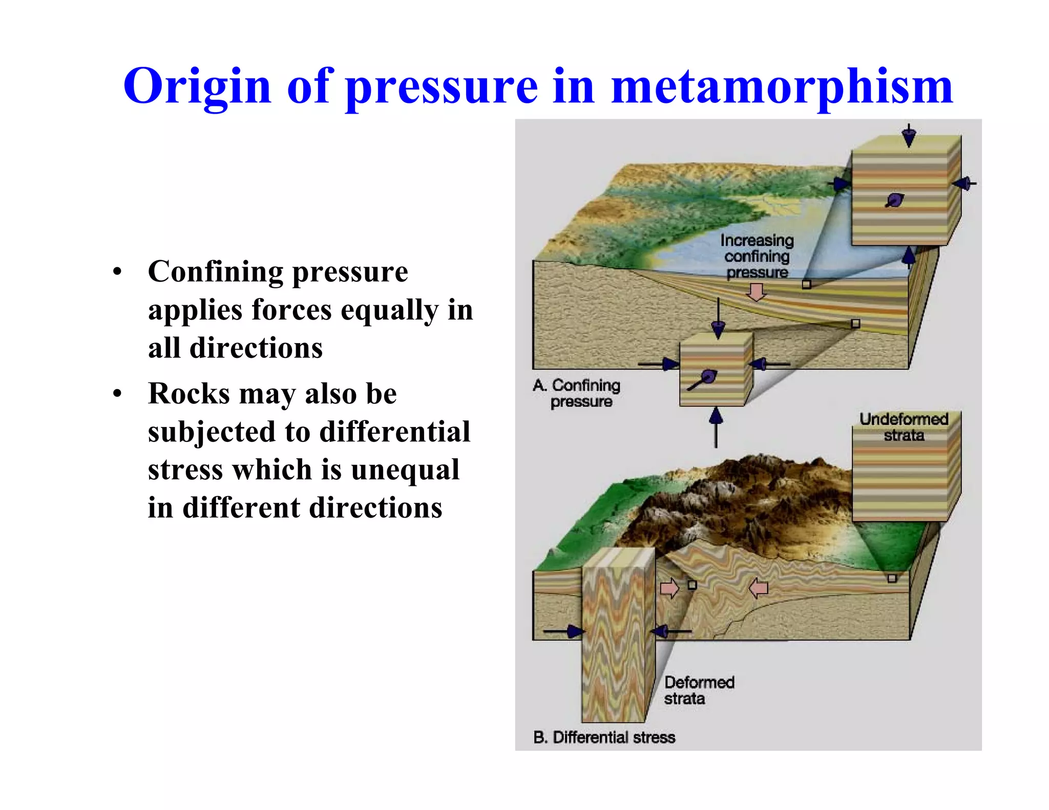 Origin of pressure in metamorphism

• Confining pressure
applies forces equally in
all directions
• Rocks may also be
subjected to differential
stress which is unequal
in different directions

 