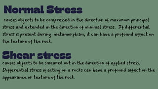 causes objects to be compressed in the direction of maximum principal
stress and extended in the direction of minimal stress. If differential
stress is present during metamorphism, it can have a profound effect on
the texture of the rock.
causes objects to be smeared out in the direction of applied stress.
Differential stress if acting on a rocks can have a profound affect on the
appearance or texture of the rock.
Shear stress
Normal Stress
 