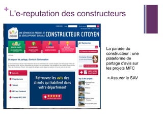+

L'e-reputation des constructeurs

La parade du
constructeur : une
plateforme de
partage d'avis sur
les projets MFC
= Assurer le SAV

 