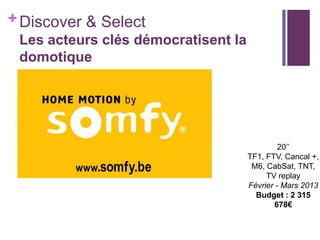 + Discover & Select
Les acteurs clés démocratisent la
domotique

20’’
TF1, FTV, Cancal +,
M6, CabSat, TNT,
TV replay
Février - Mars 2013
Budget : 2 315
678€

 