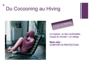 +

Du Cocooning au Hiving

La maison, un lieu confortable,
coupé du monde = un refuge
Mots clés :
CONFORT & PROTECTION

 