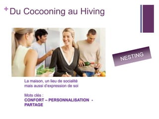 + Du Cocooning au Hiving

La maison, un lieu de socialité
mais aussi d’expression de soi
Mots clés :
CONFORT – PERSONNALISATION PARTAGE

 