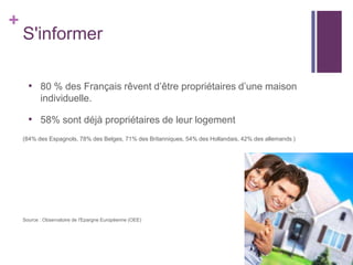 +

S'informer
• 80 % des Français rêvent d’être propriétaires d’une maison
individuelle.

• 58% sont déjà propriétaires de leur logement
(84% des Espagnols, 78% des Belges, 71% des Britanniques, 54% des Hollandais, 42% des allemands )

Source : Observatoire de l'Epargne Européenne (OEE)

 