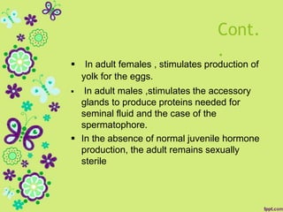Cont.
.
 In adult females , stimulates production of
yolk for the eggs.
 In adult males ,stimulates the accessory
glands to produce proteins needed for
seminal fluid and the case of the
spermatophore.
 In the absence of normal juvenile hormone
production, the adult remains sexually
sterile
 