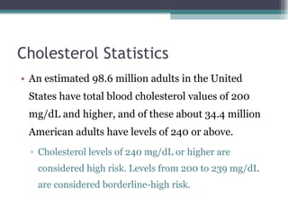 Cholesterol Statistics An estimated 98.6 million adults in the United States have total blood cholesterol values of 200 mg/dL and higher, and of these about 34.4 million American adults have levels of 240 or above.  Cholesterol levels of 240 mg/dL or higher are considered high risk. Levels from 200 to 239 mg/dL are considered borderline-high risk. 