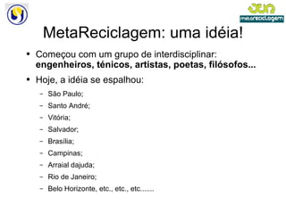 MetaReciclagem: uma idéia! Começou com um grupo de interdisciplinar:  engenheiros, ténicos, artistas, poetas, filósofos... Hoje, a idéia se espalhou: São Paulo; Santo André; Vitória; Salvador; Brasília; Campinas; Arraial dajuda; Rio de Janeiro; Belo Horizonte, etc., etc., etc....... 