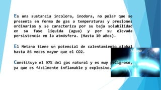 METANO
Es una sustancia incolora, inodora, no polar que se
presenta en forma de gas a temperaturas y presiones
ordinarias y se caracteriza por su baja solubilidad
en su fase líquida (agua) y por su elevada
persistencia en la atmósfera. (Hasta 10 años).
El Metano tiene un potencial de calentamiento global
hasta 86 veces mayor que el CO2.
Constituye el 97% del gas natural y es muy peligroso,
ya que es fácilmente inflamable y explosivo.
 