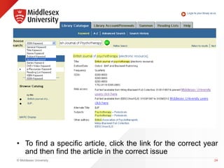 • To find a specific article, click the link for the correct year 
and then find the article in the correct issue 
© Middlesex University 
24 
 