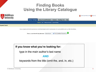 © Middlesex University 
Finding Books 
Using the Library Catalogue 
If you know what you’re looking for: 
type in the main author’s last name 
AND 
keywords from the title (omit the, and, in, etc.) 
9 
 