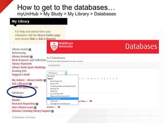 © Middlesex University
How to get to the databases…
myUniHub > My Study > My Library > Databases
 