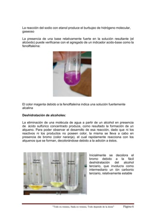 “Todo es veneno, Nada es veneno, Todo depende de la dosis“ Página 6
La reacción del sodio con etanol produce el burbujeo de hidrógeno molecular,
gaseoso
La presencia de una base relativamente fuerte en la solución resultante (el
alcóxido) puede verificarse con el agregado de un indicador acido-base como la
fenolftaleína:
El color magenta debido a la fenolftaleína indica una solución fuertemente
alcalina
Deshidratación de alcoholes:
La eliminación de una molécula de agua a partir de un alcohol en presencia
de ácido sulfúrico concentrado produce, como resultado la formación de un
alqueno. Para poder observar el desarrollo de esa reacción, dado que ni los
reactivos ni los productos no poseen color, la misma se lleva a cabo en
presencia de bromo (color naranja), el cual rapidamente reacciona con los
alquenos que se forman, decolorándose debido a la adición a éstos.
Inicialmente se decolora el
bromo debido a la fácil
deshidratación del alcohol
terciario, que involucra como
intermediario un ión carbonio
terciario, relativamente estable
 