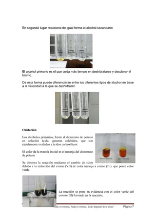 “Todo es veneno, Nada es veneno, Todo depende de la dosis“ Página 7
En segundo lugar reacciona de igual forma el alcohol secundario
El alcohol primario es el que tarda más tiempo en deshidratarse y decolorar el
bromo.
De esta forma puede diferenciarse entre los diferentes tipos de alcohol en base
a la velocidad a la que se deshidratan.
Oxidación:
Los alcoholes primarios, frente al dicromato de potasio
en solución ácida, generan aldehidos, que son
rápidamente oxidados a ácidos carboxílicos:
El color de la mezcla inicial es el naranja del dicromato
de potasio
Se observa la reacción mediante el cambio de color
debido a la reducción del cromo (VII) de color naranja a cromo (III), que posee color
verde.
La reacción se pone en evidencia con el color verde del
cromo (III) formado en la reacción,
 