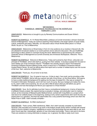 METANOMICS:
                    THINKBALM - IMMERSIVE TECHNOLOGY IN THE WORKPLACE
                                      FE...