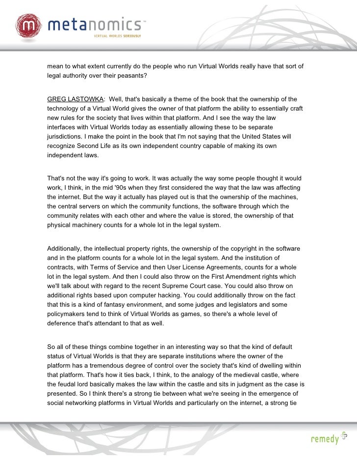 Metanomics Virtual Justice, the New Laws of Virtual Worlds