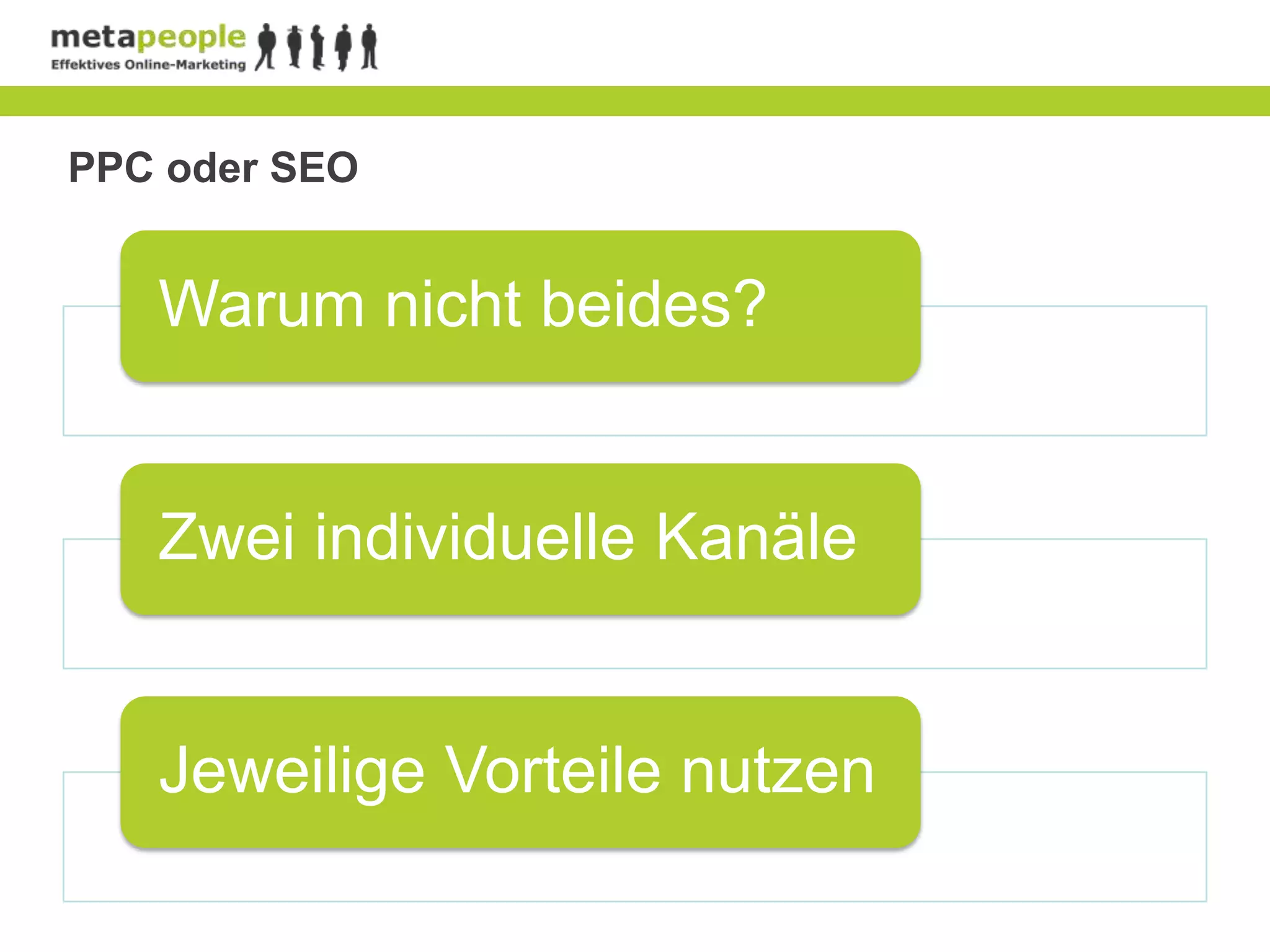 PPC oder SEO


   Warum nicht beides?


   Zwei individuelle Kanäle


   Jeweilige Vorteile nutzen
 