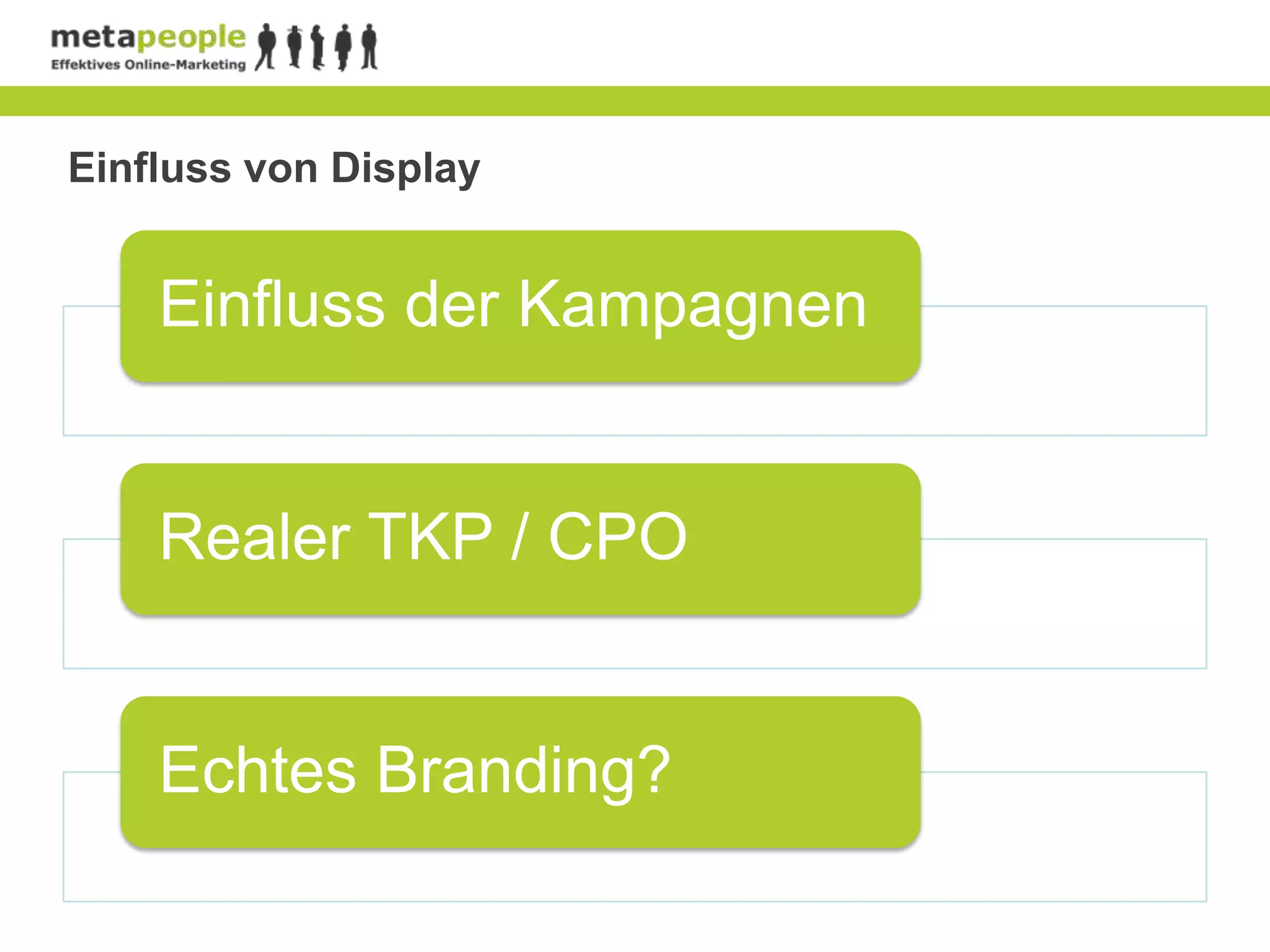 Einfluss von Display


    Einfluss der Kampagnen


    Realer TKP / CPO


    Echtes Branding?
 