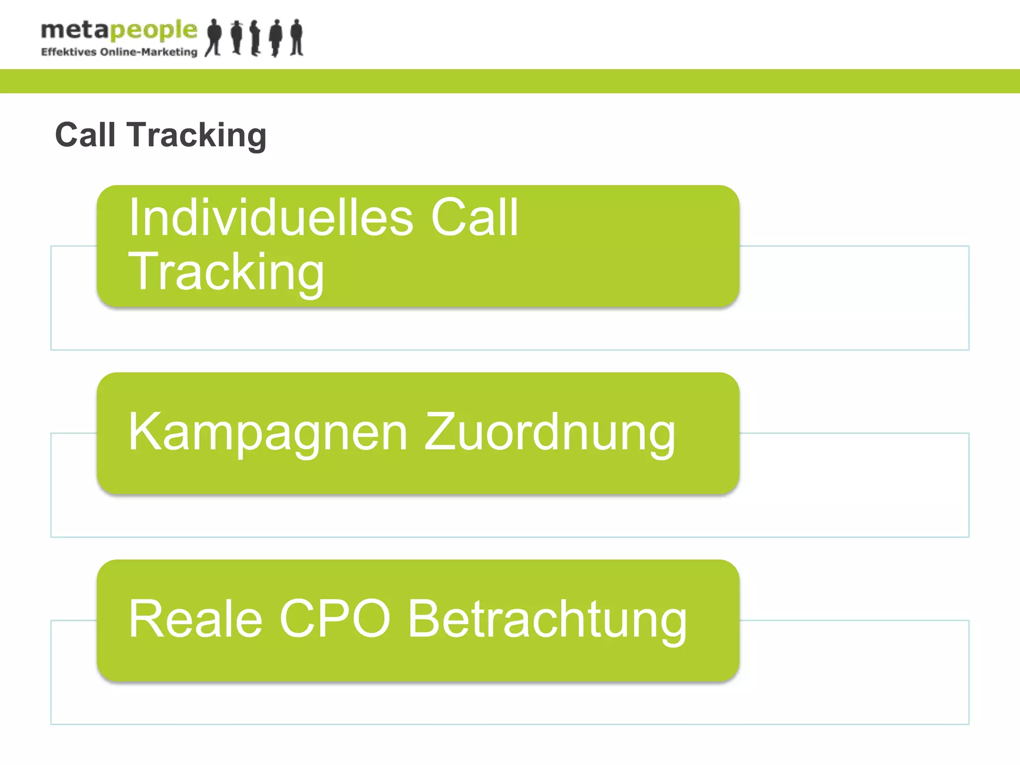 Call Tracking

    Individuelles Call
    Tracking


    Kampagnen Zuordnung


    Reale CPO Betrachtung
 