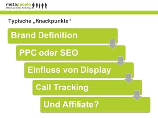 Typische „Knackpunkte“

Brand Definition

   PPC oder SEO

      Einfluss von Display

         Call Tracking

            Und Affiliate?
 