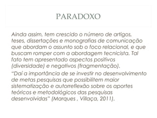 PARADOXO

Ainda assim, tem crescido o número de artigos,
teses, dissertações e monografias de comunicação
que abordam o assunto sob o foco relacional, e que
buscam romper com a abordagem tecnicista. Tal
fato tem apresentado aspectos positivos
(diversidade) e negativos (fragmentação).
“Daí a importância de se investir no desenvolvimento
de metas pesquisas que possibilitem maior
sistematização e autorreflexão sobre os aportes
teóricos e metodológicos das pesquisas
desenvolvidas” (Marques , Villaça, 2011).
 