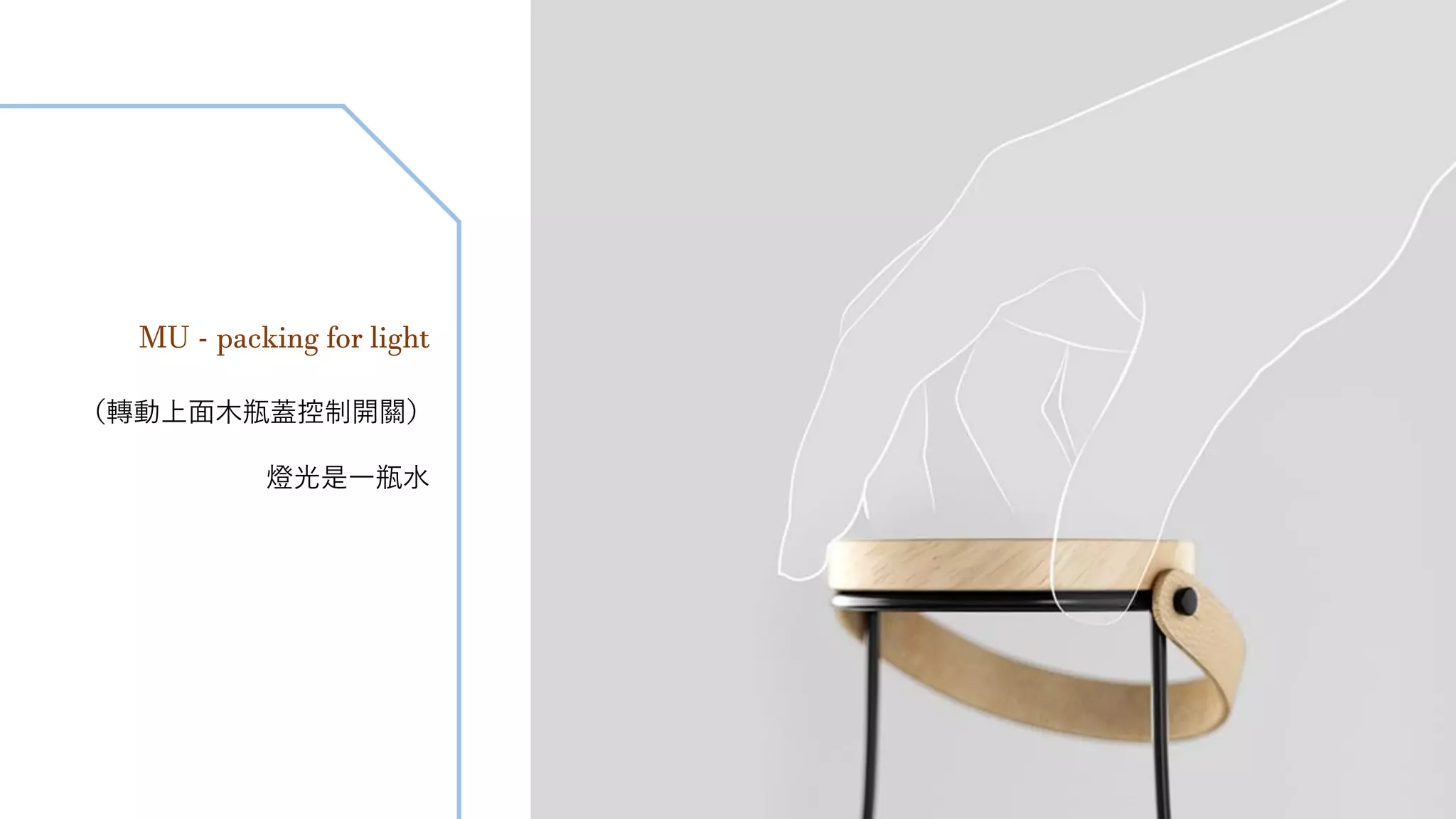 MU - packing for light
（轉動上面木瓶蓋控制開關）
燈光是一瓶水
 