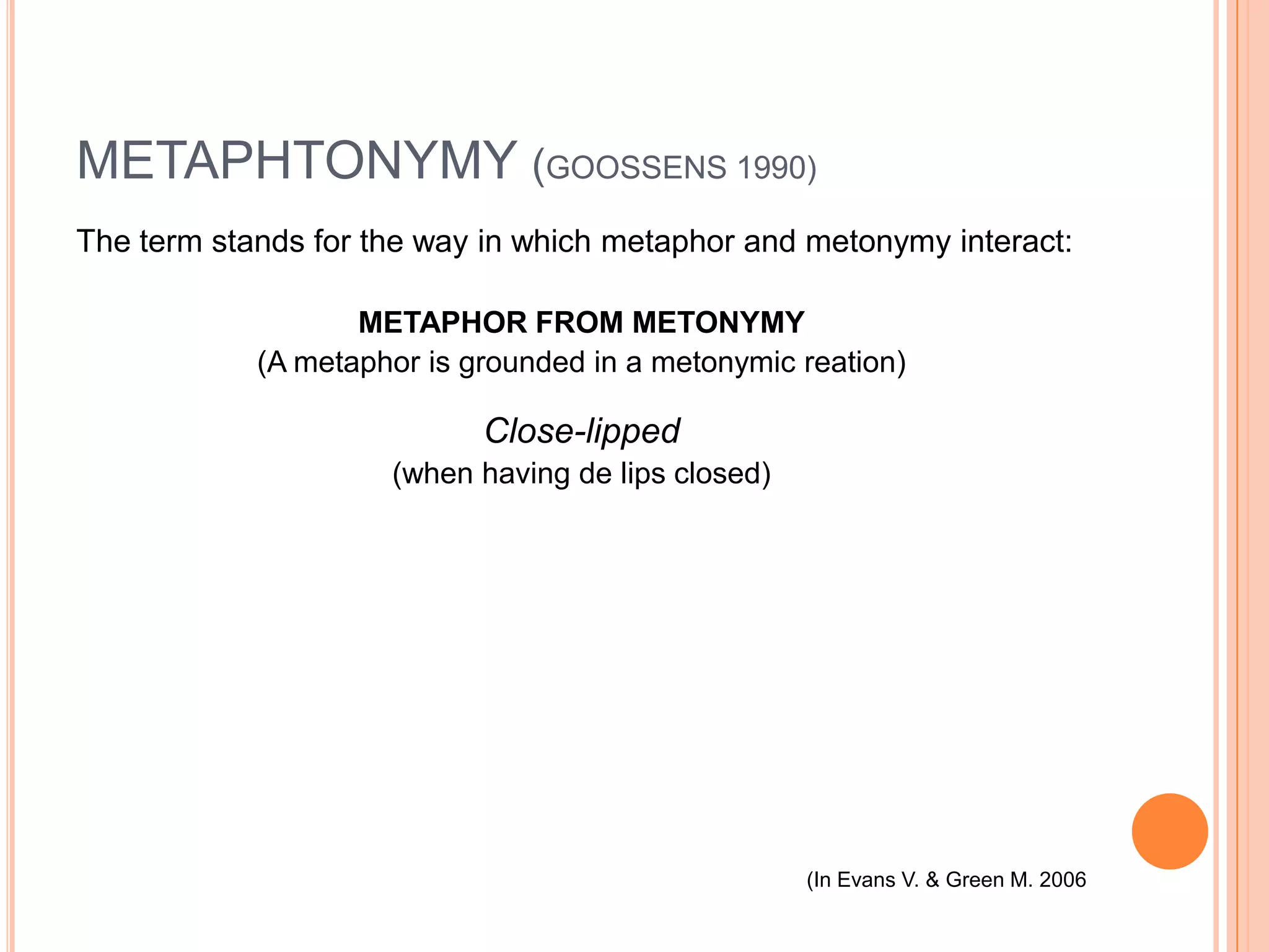 METAPHTONYMY (GOOSSENS 1990)
The term stands for the way in which metaphor and metonymy interact:

                   METAPHOR FROM METONYMY
            (A metaphor is grounded in a metonymic reation)

                            Close-lipped
                     (when having de lips closed)




                                                    (In Evans V. & Green M. 2006
 