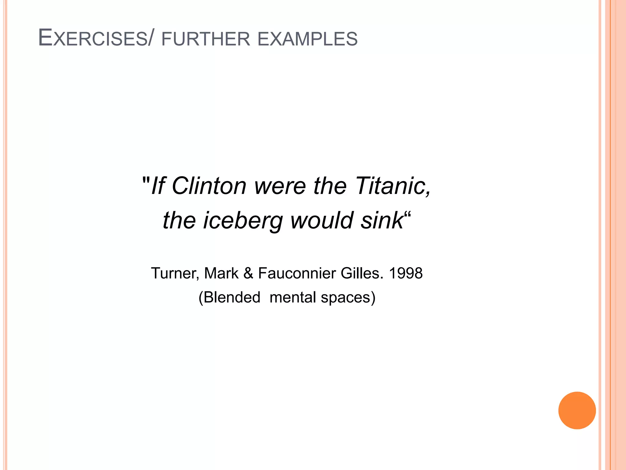 EXERCISES/ FURTHER EXAMPLES




        "If Clinton were the Titanic,
           the iceberg would sink“

         Turner, Mark & Fauconnier Gilles. 1998
               (Blended mental spaces)
 