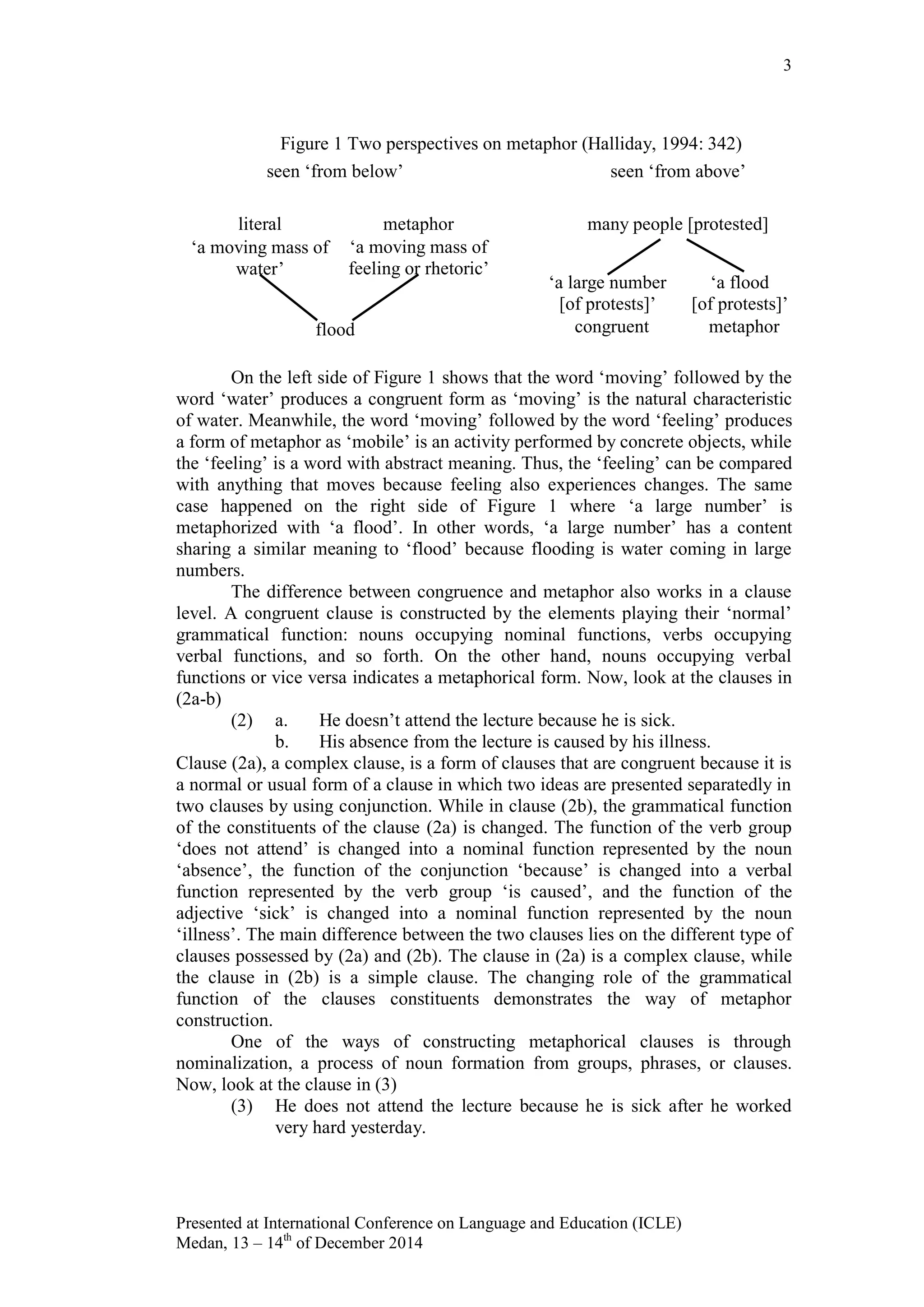3
Presented at International Conference on Language and Education (ICLE)
Medan, 13 – 14th
of December 2014
Figure 1 Two perspectives on metaphor (Halliday, 1994: 342)
On the left side of Figure 1 shows that the word „moving‟ followed by the
word „water‟ produces a congruent form as „moving‟ is the natural characteristic
of water. Meanwhile, the word „moving‟ followed by the word „feeling‟ produces
a form of metaphor as „mobile‟ is an activity performed by concrete objects, while
the „feeling‟ is a word with abstract meaning. Thus, the „feeling‟ can be compared
with anything that moves because feeling also experiences changes. The same
case happened on the right side of Figure 1 where „a large number‟ is
metaphorized with „a flood‟. In other words, „a large number‟ has a content
sharing a similar meaning to „flood‟ because flooding is water coming in large
numbers.
The difference between congruence and metaphor also works in a clause
level. A congruent clause is constructed by the elements playing their „normal‟
grammatical function: nouns occupying nominal functions, verbs occupying
verbal functions, and so forth. On the other hand, nouns occupying verbal
functions or vice versa indicates a metaphorical form. Now, look at the clauses in
(2a-b)
(2) a. He doesn‟t attend the lecture because he is sick.
b. His absence from the lecture is caused by his illness.
Clause (2a), a complex clause, is a form of clauses that are congruent because it is
a normal or usual form of a clause in which two ideas are presented separatedly in
two clauses by using conjunction. While in clause (2b), the grammatical function
of the constituents of the clause (2a) is changed. The function of the verb group
„does not attend‟ is changed into a nominal function represented by the noun
„absence‟, the function of the conjunction „because‟ is changed into a verbal
function represented by the verb group „is caused‟, and the function of the
adjective „sick‟ is changed into a nominal function represented by the noun
„illness‟. The main difference between the two clauses lies on the different type of
clauses possessed by (2a) and (2b). The clause in (2a) is a complex clause, while
the clause in (2b) is a simple clause. The changing role of the grammatical
function of the clauses constituents demonstrates the way of metaphor
construction.
One of the ways of constructing metaphorical clauses is through
nominalization, a process of noun formation from groups, phrases, or clauses.
Now, look at the clause in (3)
(3) He does not attend the lecture because he is sick after he worked
very hard yesterday.
seen „from below‟
„a moving mass of
water‟
literal metaphor
„a moving mass of
feeling or rhetoric‟
flood
seen „from above‟
„a large number
[of protests]‟
congruent metaphor
„a flood
[of protests]‟
many people [protested]
 