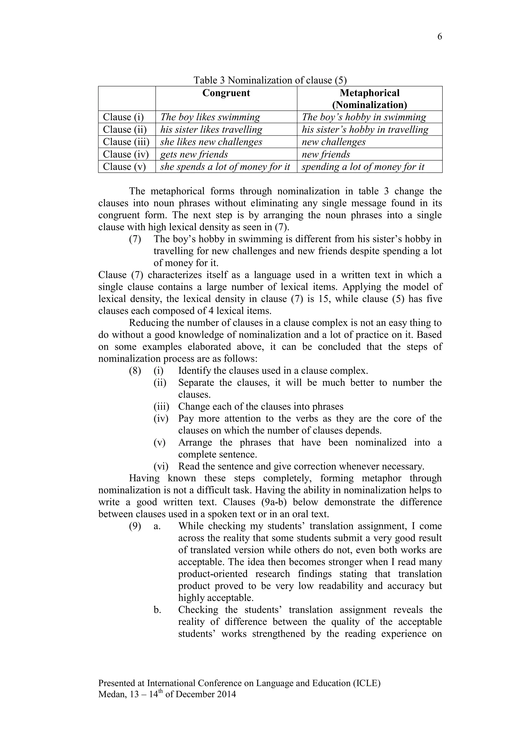 6
Presented at International Conference on Language and Education (ICLE)
Medan, 13 – 14th
of December 2014
Table 3 Nominalization of clause (5)
Congruent Metaphorical
(Nominalization)
Clause (i) The boy likes swimming The boy’s hobby in swimming
Clause (ii) his sister likes travelling his sister’s hobby in travelling
Clause (iii) she likes new challenges new challenges
Clause (iv) gets new friends new friends
Clause (v) she spends a lot of money for it spending a lot of money for it
The metaphorical forms through nominalization in table 3 change the
clauses into noun phrases without eliminating any single message found in its
congruent form. The next step is by arranging the noun phrases into a single
clause with high lexical density as seen in (7).
(7) The boy‟s hobby in swimming is different from his sister‟s hobby in
travelling for new challenges and new friends despite spending a lot
of money for it.
Clause (7) characterizes itself as a language used in a written text in which a
single clause contains a large number of lexical items. Applying the model of
lexical density, the lexical density in clause (7) is 15, while clause (5) has five
clauses each composed of 4 lexical items.
Reducing the number of clauses in a clause complex is not an easy thing to
do without a good knowledge of nominalization and a lot of practice on it. Based
on some examples elaborated above, it can be concluded that the steps of
nominalization process are as follows:
(8) (i) Identify the clauses used in a clause complex.
(ii) Separate the clauses, it will be much better to number the
clauses.
(iii) Change each of the clauses into phrases
(iv) Pay more attention to the verbs as they are the core of the
clauses on which the number of clauses depends.
(v) Arrange the phrases that have been nominalized into a
complete sentence.
(vi) Read the sentence and give correction whenever necessary.
Having known these steps completely, forming metaphor through
nominalization is not a difficult task. Having the ability in nominalization helps to
write a good written text. Clauses (9a-b) below demonstrate the difference
between clauses used in a spoken text or in an oral text.
(9) a. While checking my students‟ translation assignment, I come
across the reality that some students submit a very good result
of translated version while others do not, even both works are
acceptable. The idea then becomes stronger when I read many
product-oriented research findings stating that translation
product proved to be very low readability and accuracy but
highly acceptable.
b. Checking the students‟ translation assignment reveals the
reality of difference between the quality of the acceptable
students‟ works strengthened by the reading experience on
 