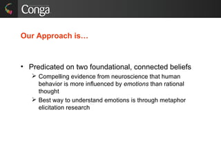 Our Approach is…
• Predicated on two foundational, connected beliefs
 Compelling evidence from neuroscience that human
behavior is more influenced by emotions than rational
thought
 Best way to understand emotions is through metaphor
elicitation research
 