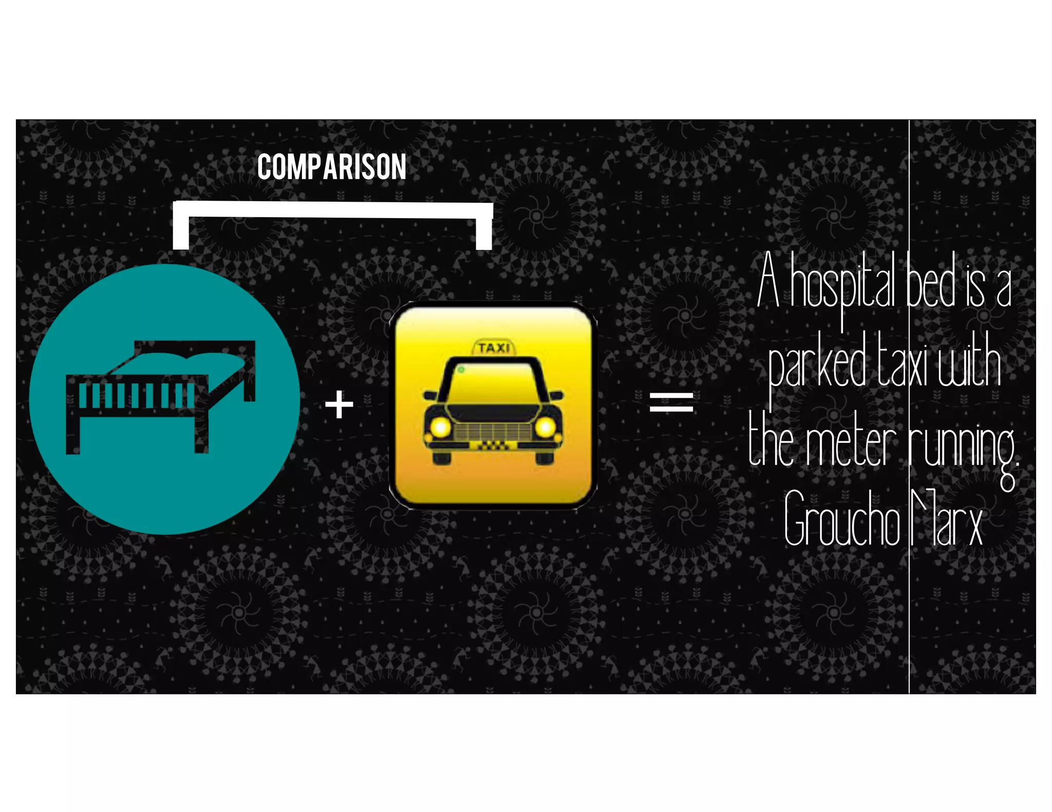 Comparison

+

=

A hospital bed is a
parked taxi with
the meter running.
Groucho Marx

metaphors = simile (but it’s close enough)

 