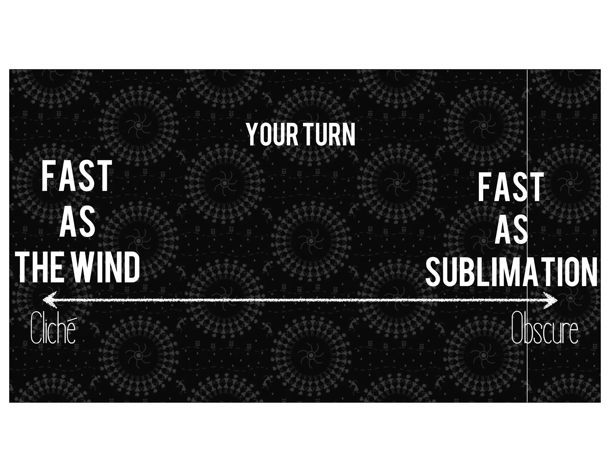 Your turn

fast
as
the wind

Cliche

fast
metaphors = simile (but it’s close enough)
as
sublimation

Obscure

 