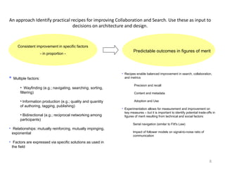 An approach Identify practical recipes for improving Collaboration and Search. Use these as input to
                                decisions on architecture and design.



      Consistent improvement in specific factors
        Factors maintained in constant                                 Predictable outcomes in figures of merit
            ratio(roughly)
                   - in proportion -




                                                                Recipes enable balanced improvement in search, collaboration,
   Multiple factors:                                            and metrics

                                                                       •Precision and recall
        • Wayfinding (e.g.; navigating, searching, sorting,
        filtering)                                                     •Content and metadata

        • Information production (e.g.; quality and quantity           •Adoption and Use
        of authoring, tagging, publishing)
                                                                Experimentation allows for measurement and improvement on
                                                                 key measures – but it is important to identify potential trade-offs in
        • Bidirectional (e.g.; reciprocal networking among       figures of merit resulting from technical and social factors:
        participants)
                                                                       Serial navigation (similar to Fitt's Law)
 Relationships: mutually reinforcing, mutually impinging,
  exponential                                                          Impact of follower models on signal-to-noise ratio of
                                                                       communication

 Factors are expressed via specific solutions as used in
  the field


                                                                                                                                  8
 