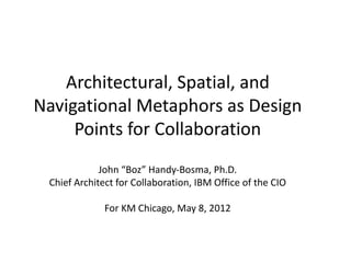 Architectural, Spatial, and
Navigational Metaphors as Design
     Points for Collaboration
             John “Boz” Handy-Bosma, Ph.D.
 Chief Architect for Collaboration, IBM Office of the CIO

              For KM Chicago, May 8, 2012
                                          • May 8, 2012
 