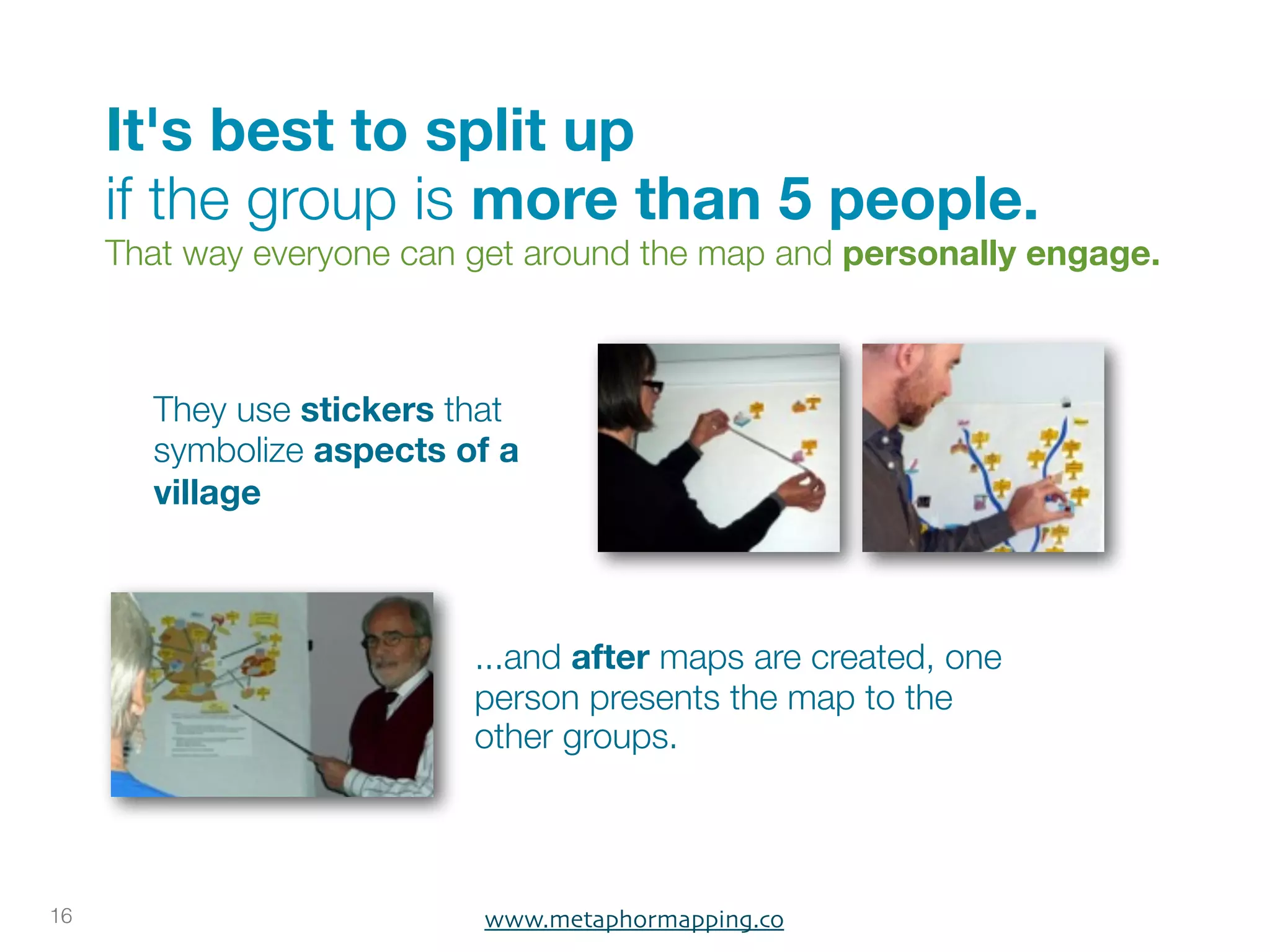 It's best to split up
     if the group is more than 5 people.
     That way everyone can get around the map and personally engage.



       They use stickers that
       symbolize aspects of a
       village



                           ...and after maps are created, one
                           person presents the map to the
                           other groups.



16                         www.metaphormapping.co
 