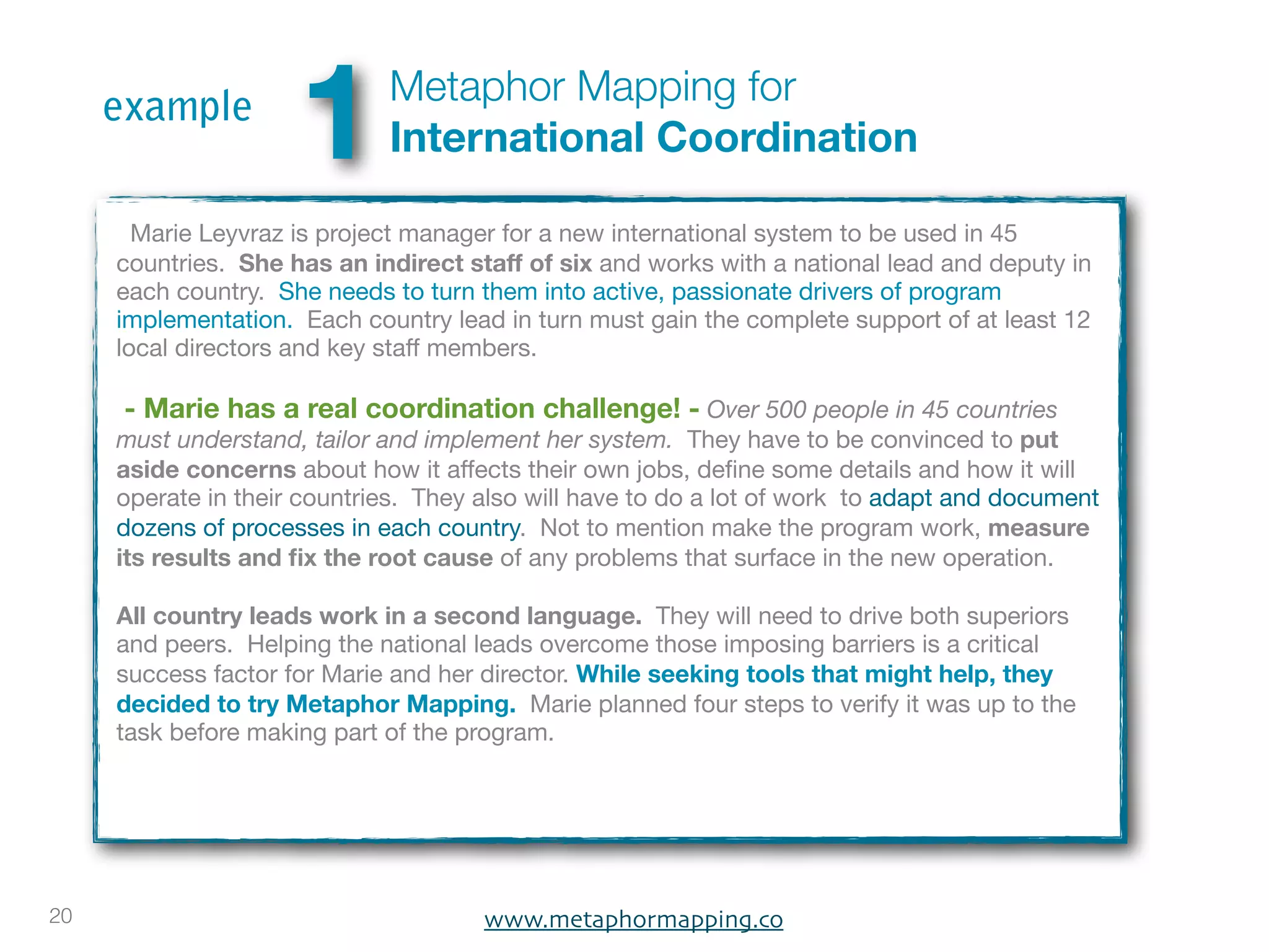 example
                     1       Metaphor Mapping for
                             International Coordination

       Marie Leyvraz is project manager for a new international system to be used in 45
     countries. She has an indirect staff of six and works with a national lead and deputy in
     each country. She needs to turn them into active, passionate drivers of program
     implementation. Each country lead in turn must gain the complete support of at least 12
     local directors and key staff members.

      - Marie has a real coordination challenge! - Over 500 people in 45 countries
     must understand, tailor and implement her system. They have to be convinced to put
     aside concerns about how it affects their own jobs, deﬁne some details and how it will
     operate in their countries. They also will have to do a lot of work to adapt and document
     dozens of processes in each country. Not to mention make the program work, measure
     its results and ﬁx the root cause of any problems that surface in the new operation.

     All country leads work in a second language. They will need to drive both superiors
     and peers. Helping the national leads overcome those imposing barriers is a critical
     success factor for Marie and her director. While seeking tools that might help, they
     decided to try Metaphor Mapping. Marie planned four steps to verify it was up to the
     task before making part of the program.




20                                    www.metaphormapping.co
 