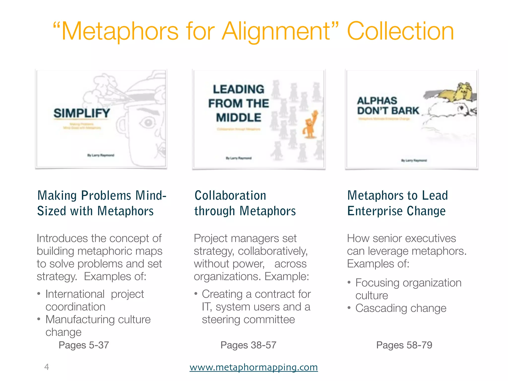 “Metaphors for Alignment” Collection




Making Problems Mind-       Collaboration                Metaphors to Lead
Sized with Metaphors        through Metaphors            Enterprise Change

Introduces the concept of   Project managers set         How senior executives
building metaphoric maps    strategy, collaboratively,   can leverage metaphors.
to solve problems and set   without power, across        Examples of:
strategy. Examples of:      organizations. Example:
                                                         • Focusing organization
• International project     • Creating a contract for      culture
  coordination                IT, system users and a     • Cascading change
• Manufacturing culture       steering committee
  change
     Pages 5-37                  Pages 38-57                  Pages 58-79

 4                          www.metaphormapping.com
 