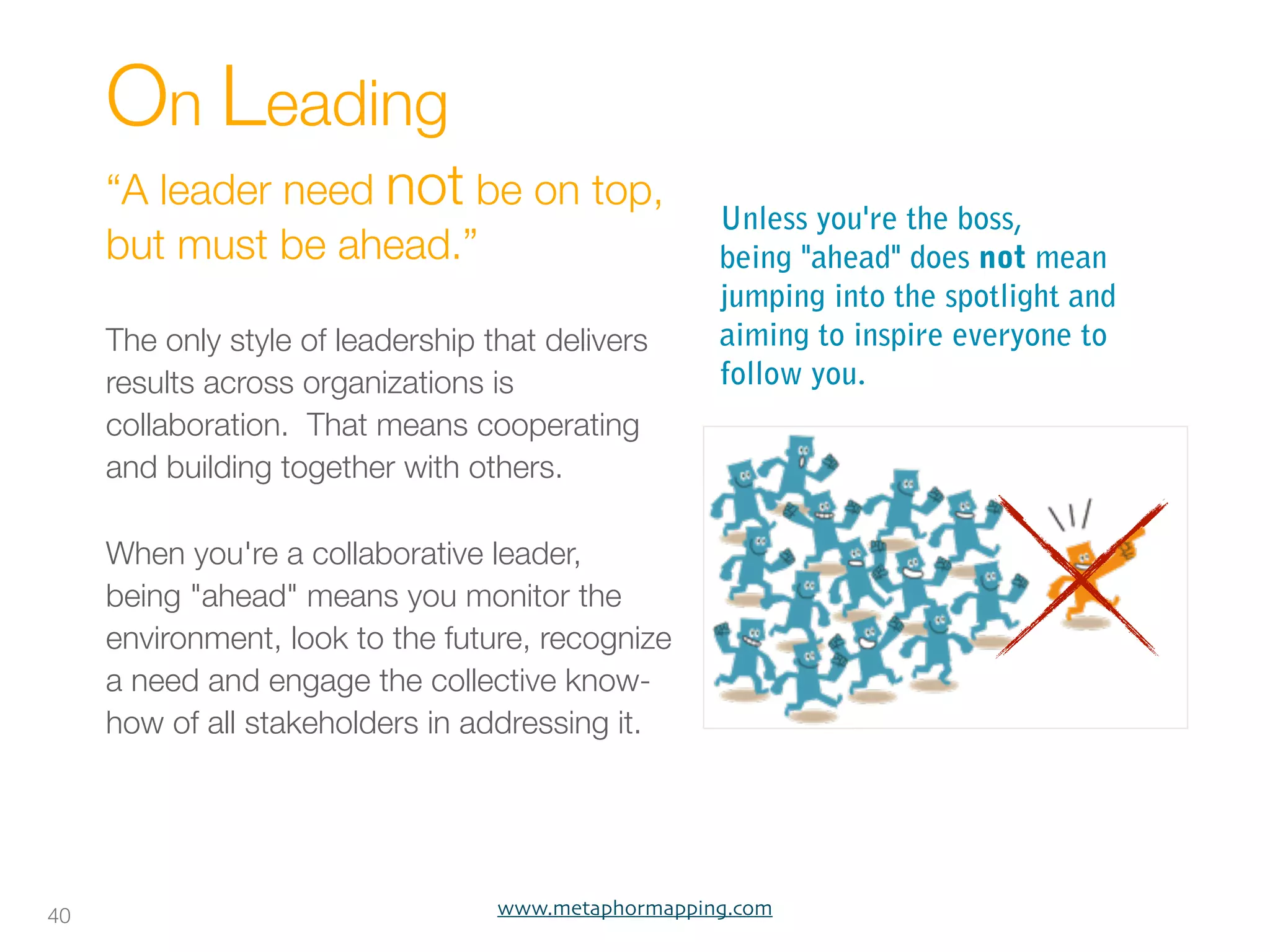 On Leading
     “A leader need not be on top,
                                                     Unless you're the boss,
     but must be ahead.”                             being "ahead" does not mean
                                                     jumping into the spotlight and
     The only style of leadership that delivers      aiming to inspire everyone to
     results across organizations is                 follow you.
     collaboration.  That means cooperating
     and building together with others.

     When you're a collaborative leader,
     being "ahead" means you monitor the
     environment, look to the future, recognize
     a need and engage the collective know-
     how of all stakeholders in addressing it.




40                                 www.metaphormapping.com
 
